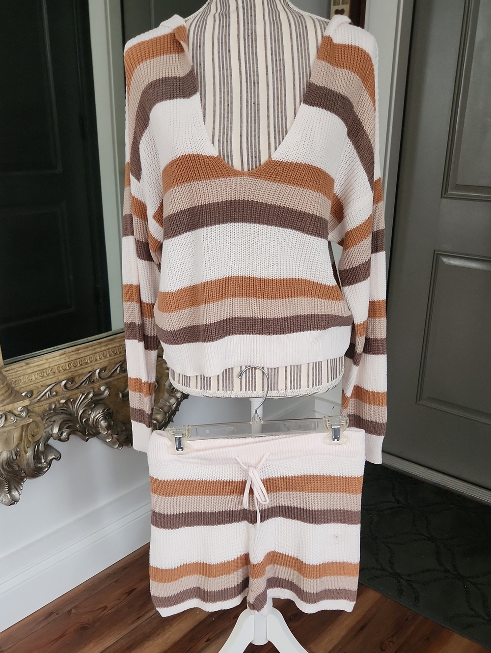 Blue Blush Cozy Striped Knit Hoodie Short Set — Cream, Tan & Brown